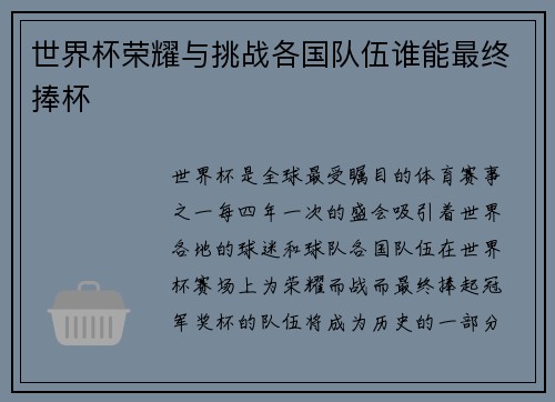 世界杯荣耀与挑战各国队伍谁能最终捧杯